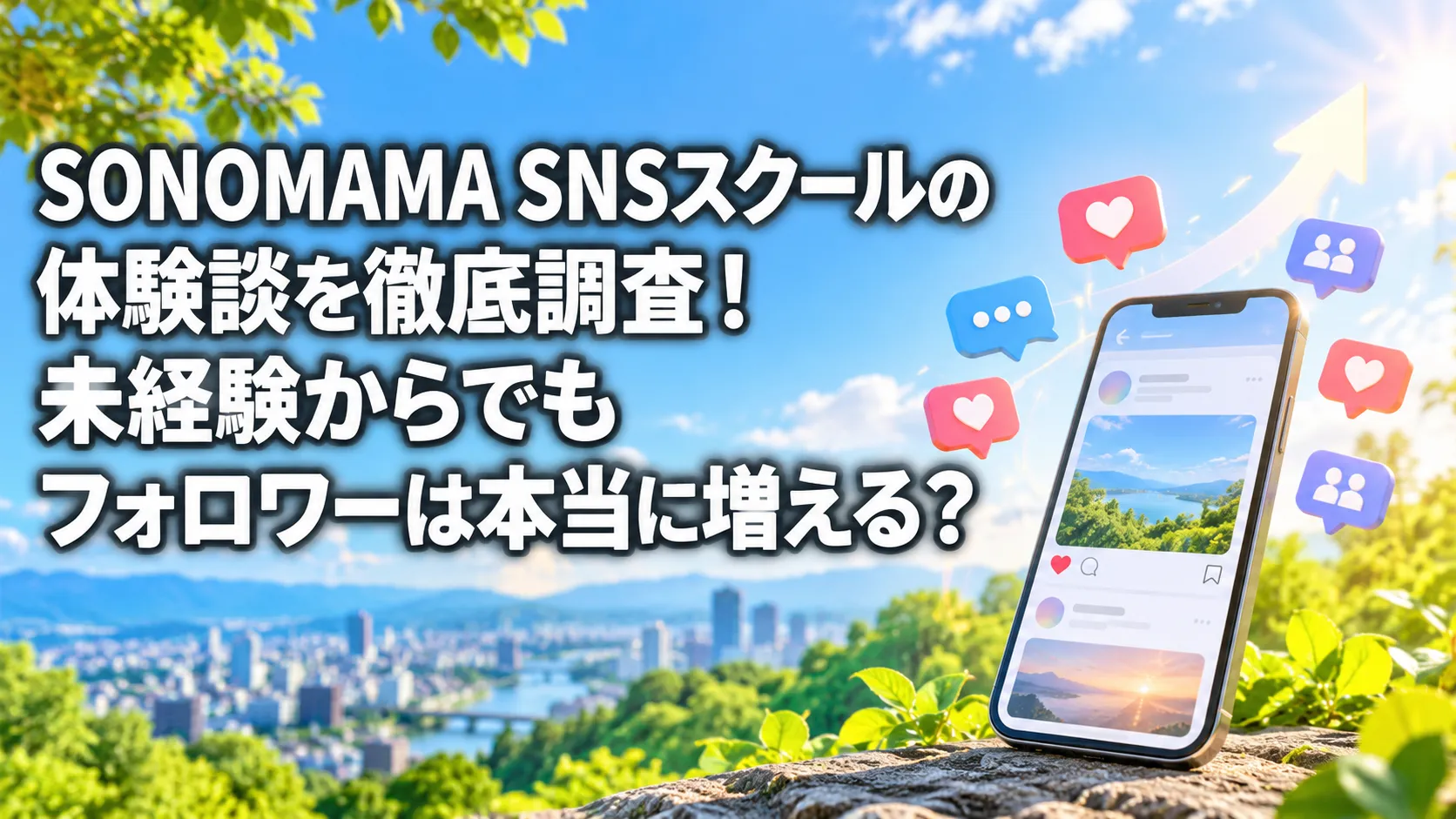 SONOMAMA SNSスクールの体験談と、未経験からフォロワー増加を目指す様子をスマートフォンとSNSアイコンで表した画像。